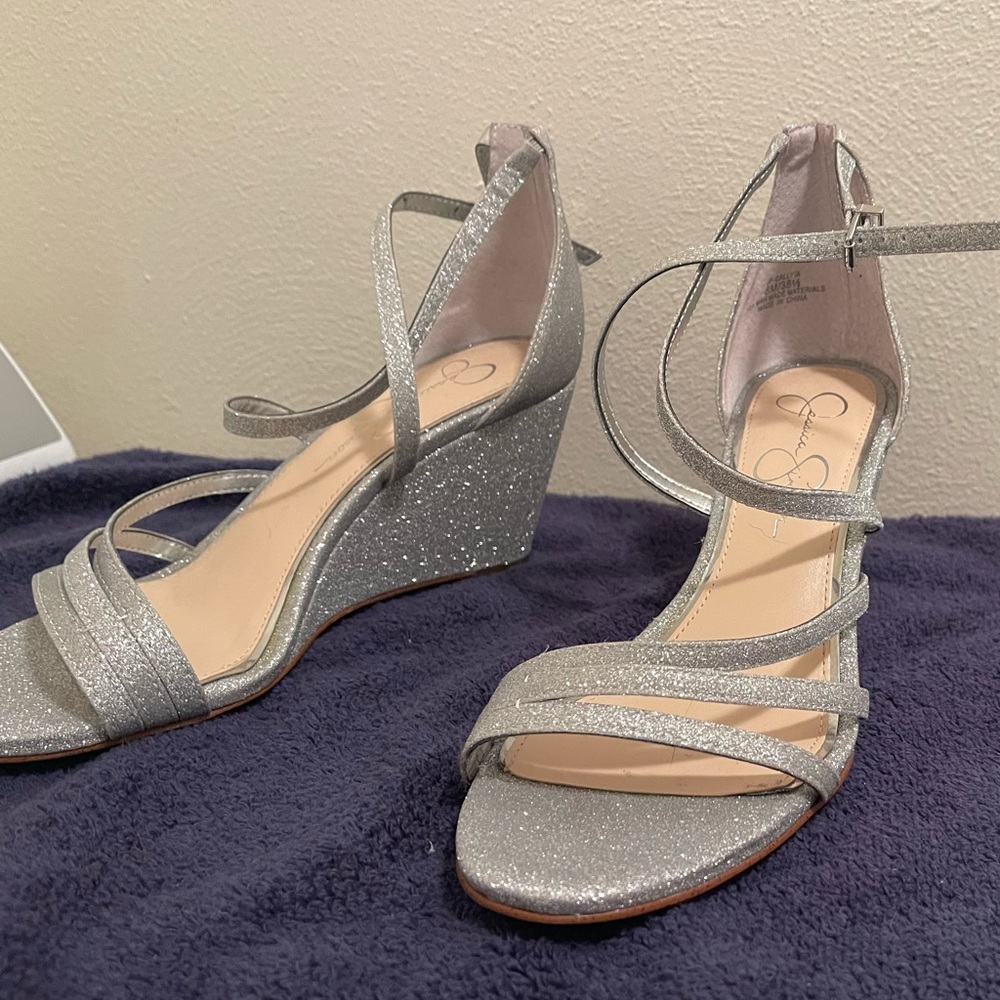 8 & 1/2 silver, sparkly and strappy wedged heels